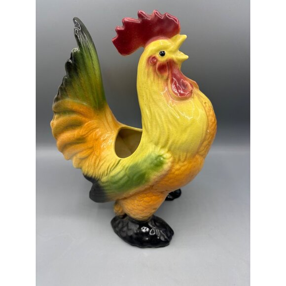 Vtg Ceramic Rooster Chicken Planter Multicolor Farmhouse Style - Picture 1 of 7